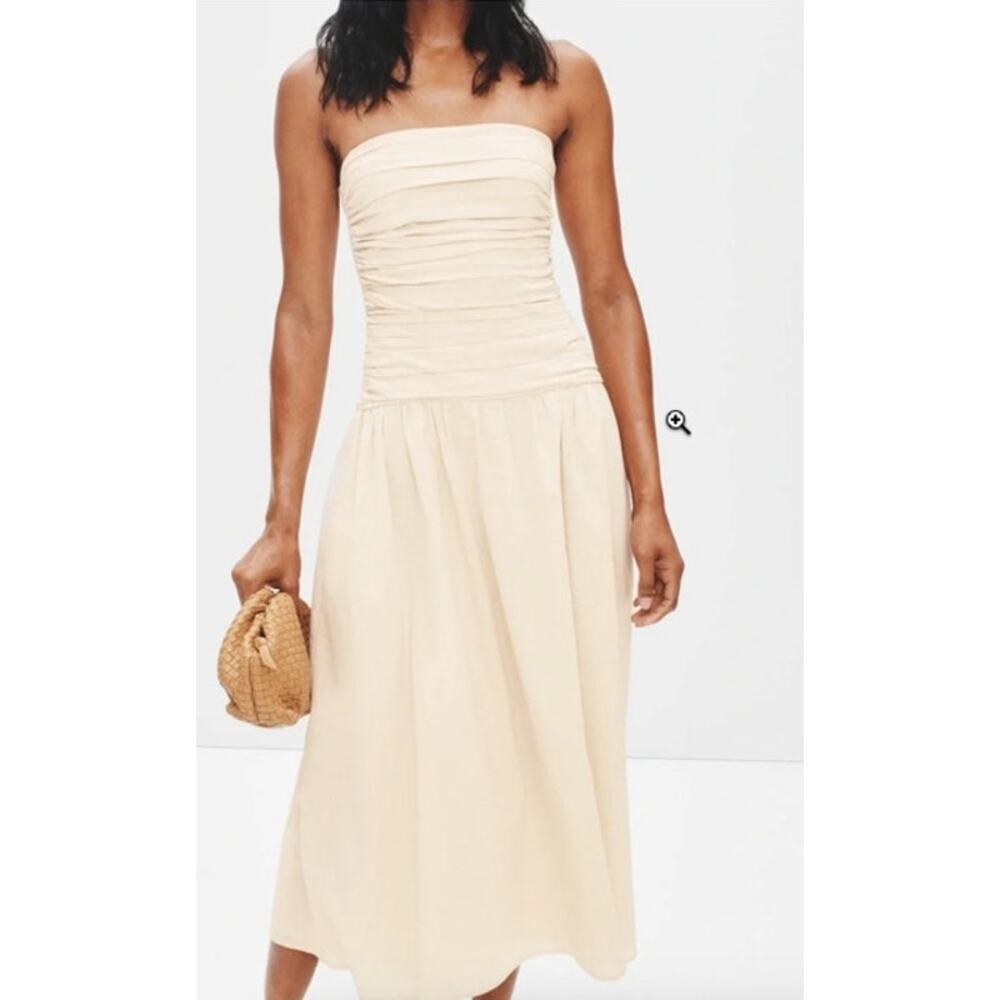 Moon River Dress Strapless Ruched Bodice Midi A-Line Cotton Off White Cream L